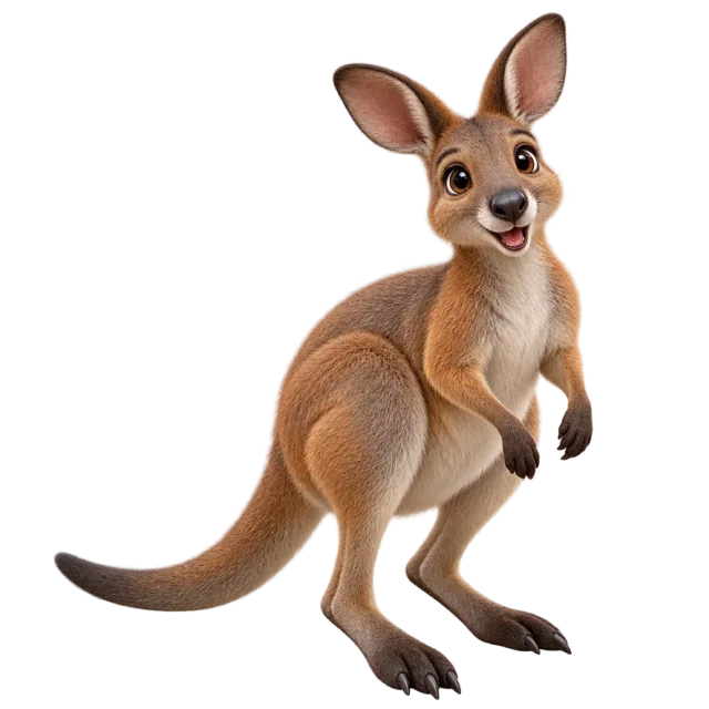 3D-style character illustration of wallaby with brown fur and large upright ears