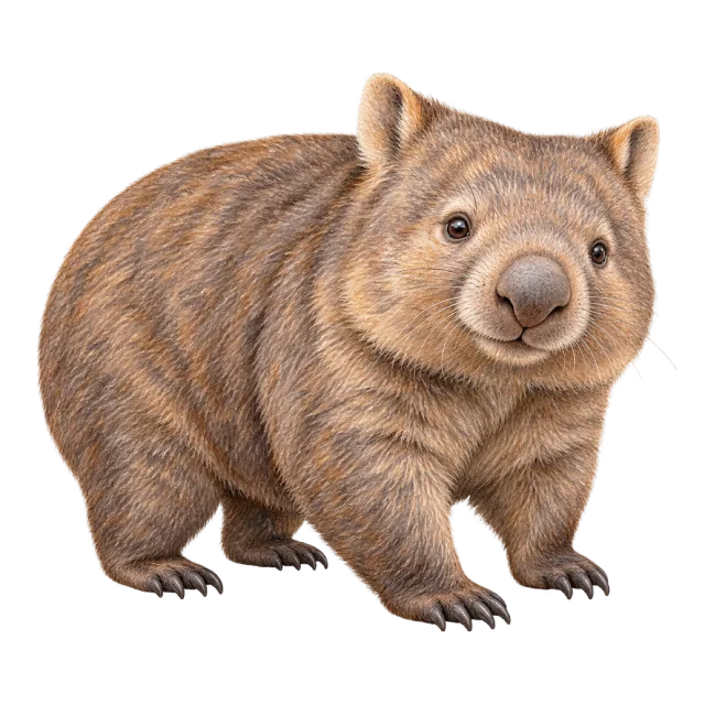 Watercolor-style illustration of wombat with a stocky brown body and short legs