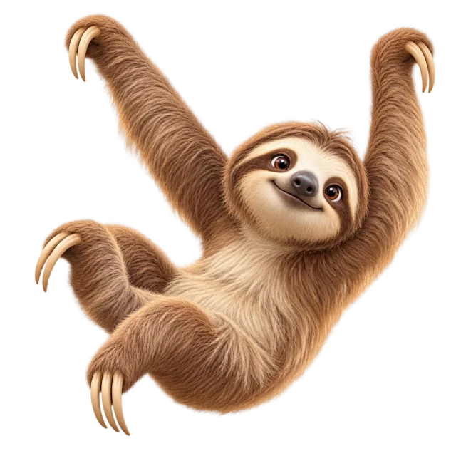 3D-style character illustration of sloth with shaggy brown fur and curved claws and both arms raised