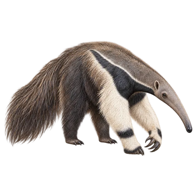 Watercolor-style illustration of giant anteater with a long narrow snout and bushy tail