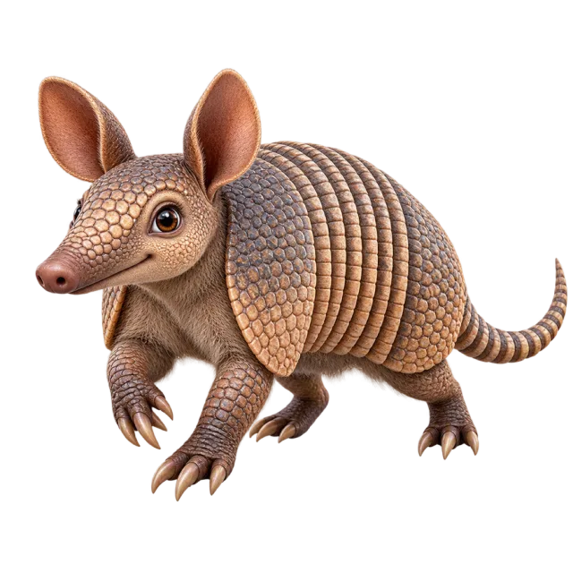 3D-style character illustration of nine banded armadillo with banded armor and a long tapered tail