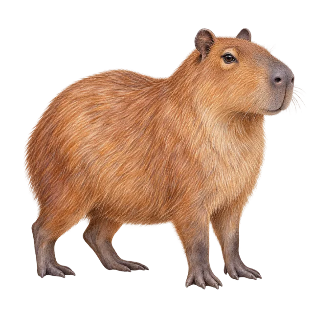 Watercolor-style illustration of capybara with coarse tan fur and a broad muzzle