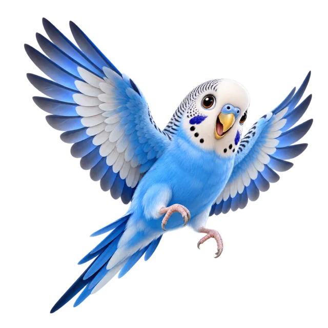 3D-style character illustration of blue budgerigar with blue plumage with black and white wing markings and spread wings