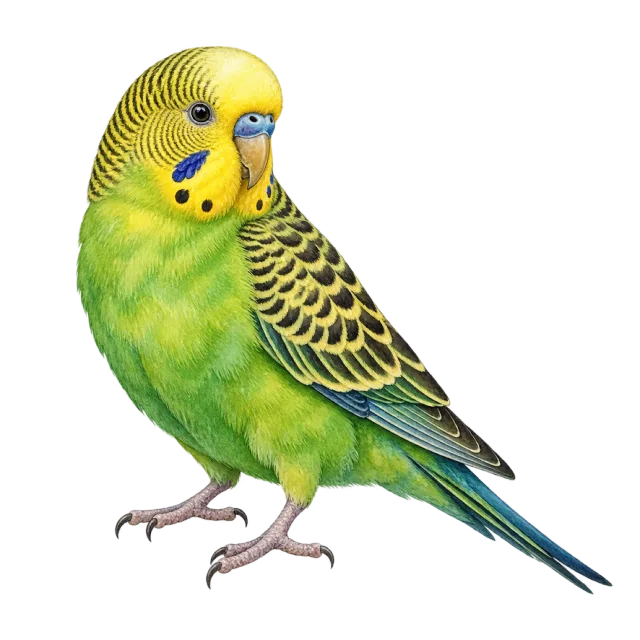 Watercolor-style illustration of green budgerigar with green plumage with a yellow head