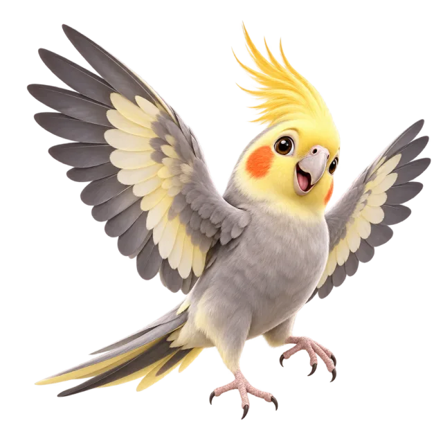 3D-style character illustration of cockatiel with a yellow crest and orange cheek patches and raised wings