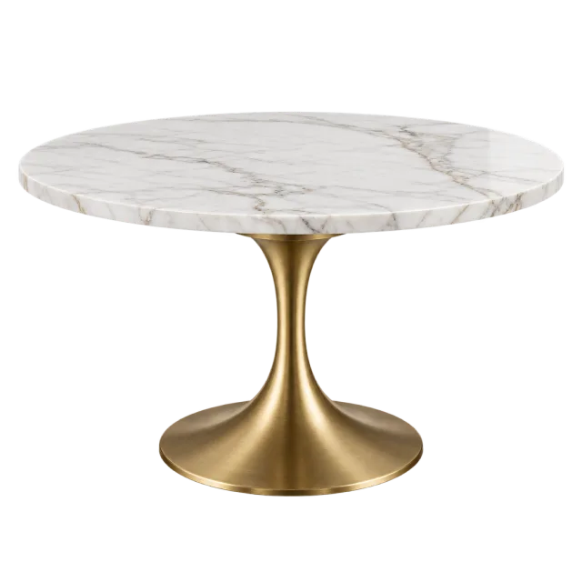 A round white marble-patterned tabletop on a gold-colored pedestal base
