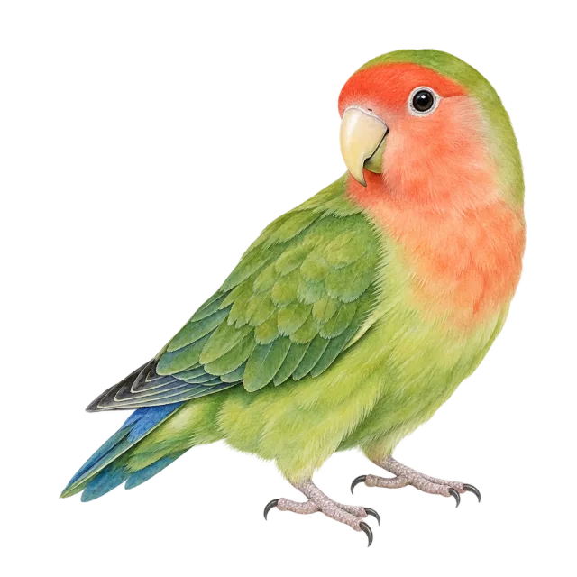 Watercolor-style illustration of peach faced lovebird with green plumage with a peach-colored face
