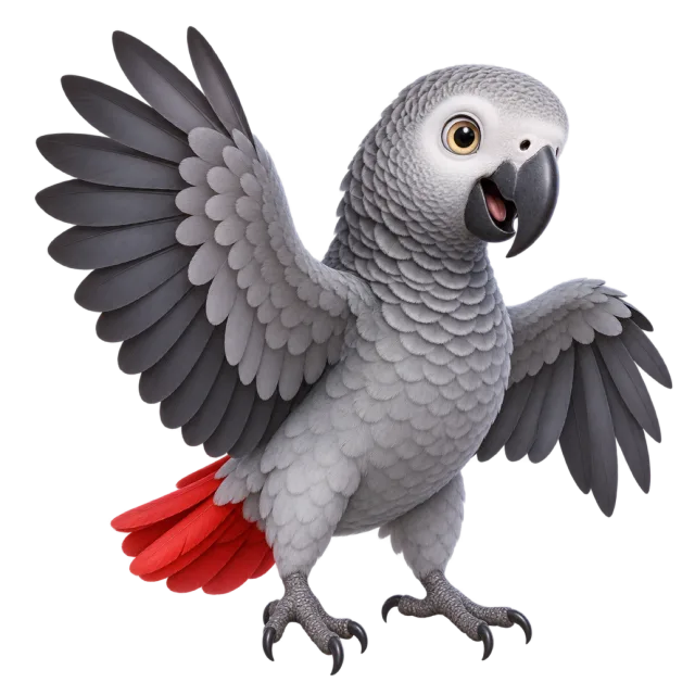 3D-style character illustration of african gray parrot with gray feathers and a red tail and spread wings