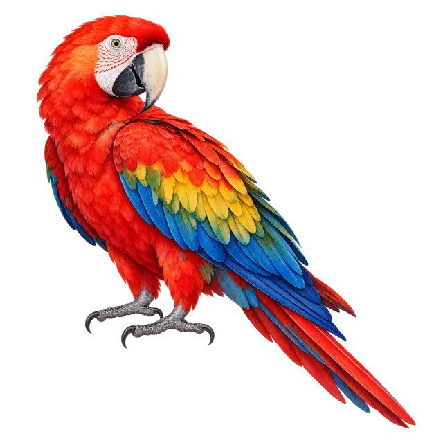 Watercolor-style illustration of scarlet macaw with red plumage with yellow and blue wing feathers