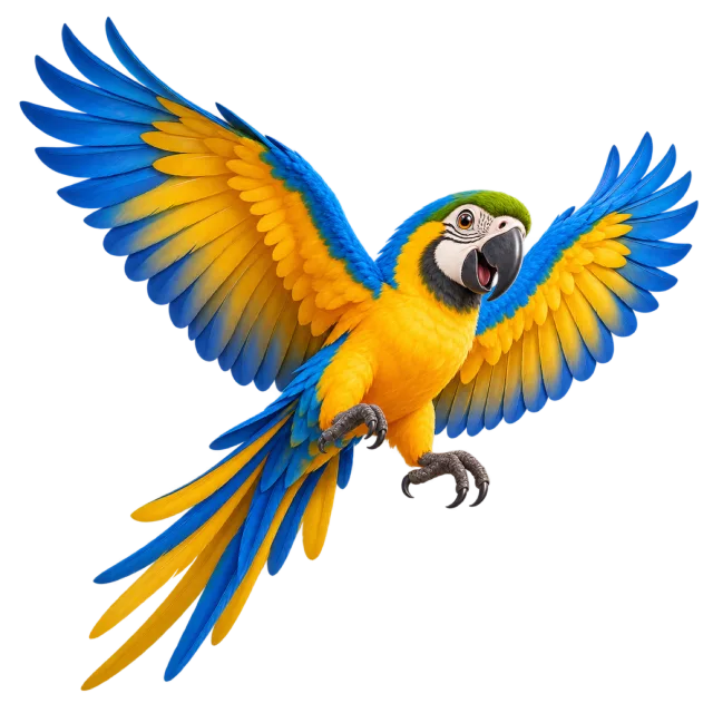3D-style character illustration of blue and gold macaw with blue wings and a golden-yellow chest and spread wings