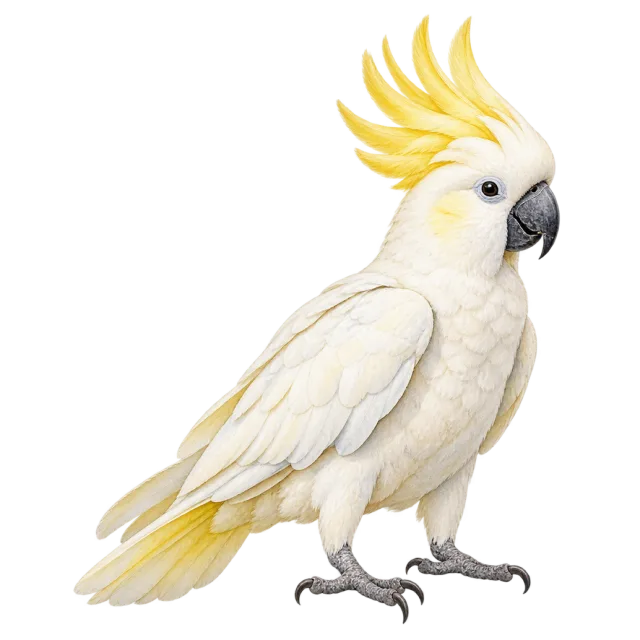 Watercolor-style illustration of sulphur crested cockatoo with white plumage and a yellow crest