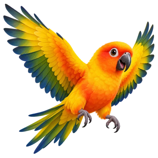 3D-style character illustration of sun conure with orange and yellow plumage with green wings and spread wings