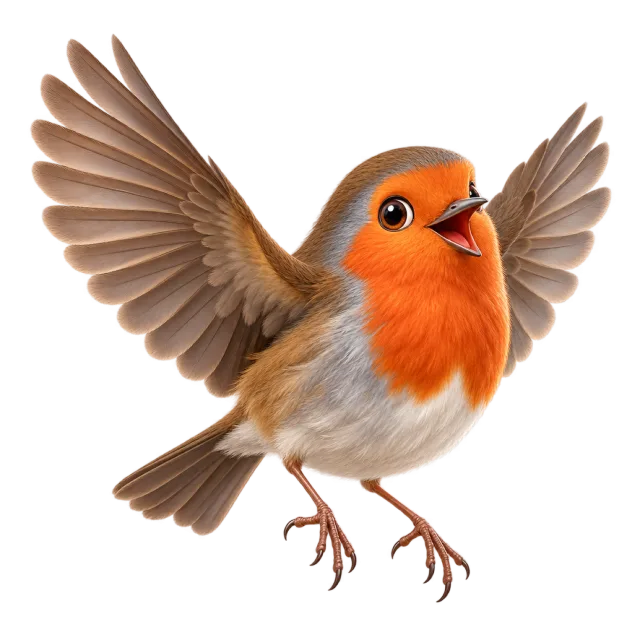3D-style character illustration of european robin with an orange breast and brown wings and spread wings