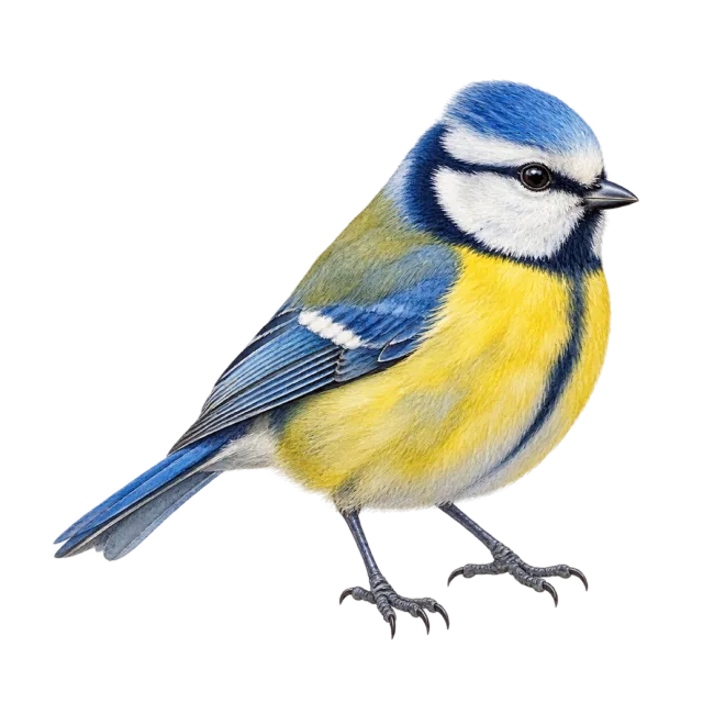 Watercolor-style illustration of blue tit with blue head feathers and a yellow breast