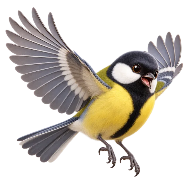 3D-style character illustration of great tit with a black head and yellow breast and spread wings