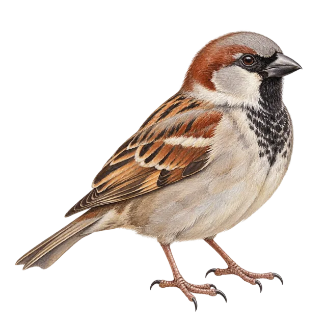 Watercolor-style illustration of house sparrow with brown patterned wings and a pale belly