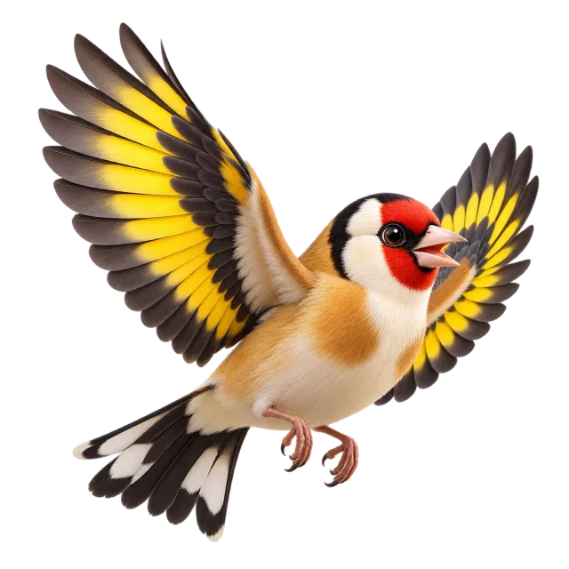 3D-style character illustration of goldfinch with red facial markings and yellow wing accents and spread wings