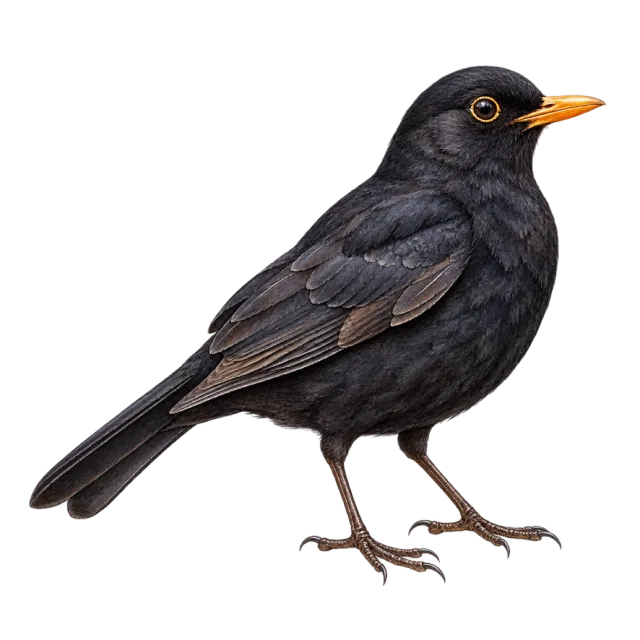 Watercolor-style illustration of european blackbird with black plumage and an orange-yellow beak