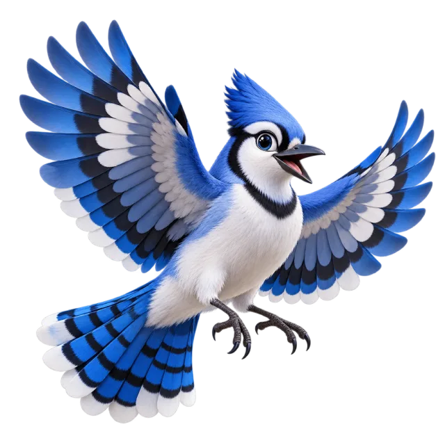 3D-style character illustration of blue jay with blue plumage and a raised crest and spread wings