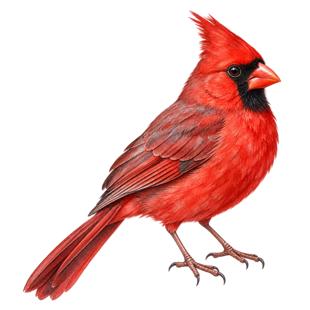 Watercolor-style illustration of northern cardinal with red plumage and a pointed crest