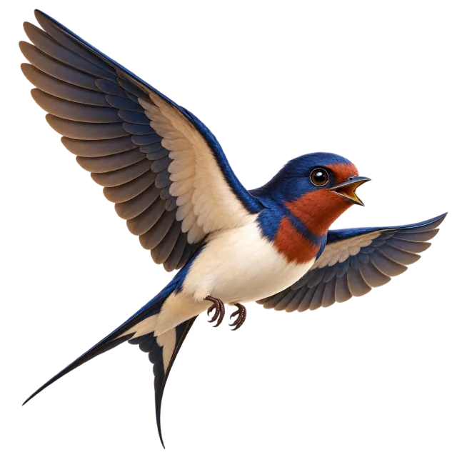 3D-style character illustration of barn swallow with spread wings and a forked tail