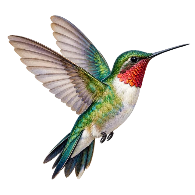 Watercolor-style illustration of hummingbird with a long narrow bill and spread wings