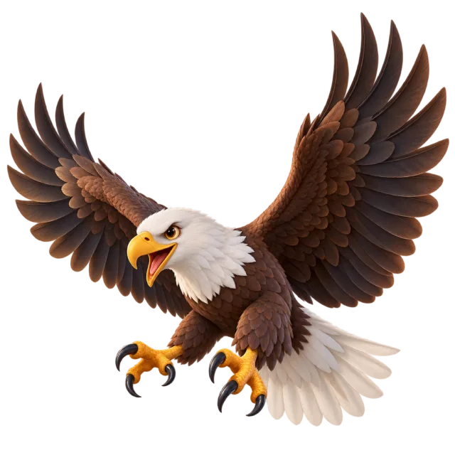 3D-style character illustration of bald eagle with a white head and brown body and spread wings