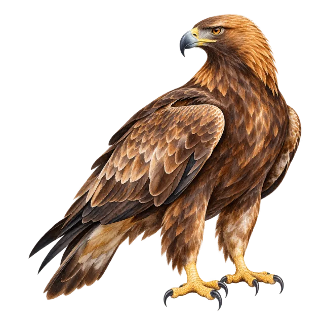 Watercolor-style illustration of golden eagle with brown feathers and golden neck plumage