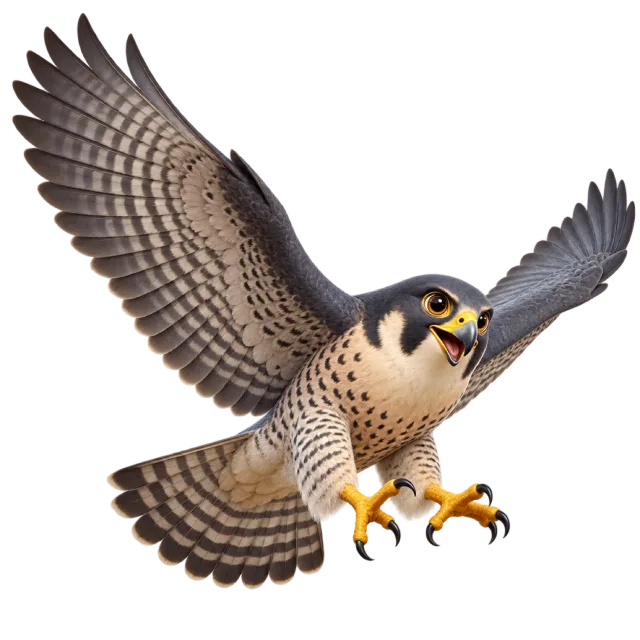 3D-style character illustration of peregrine falcon with dark wings and a patterned pale chest and spread wings