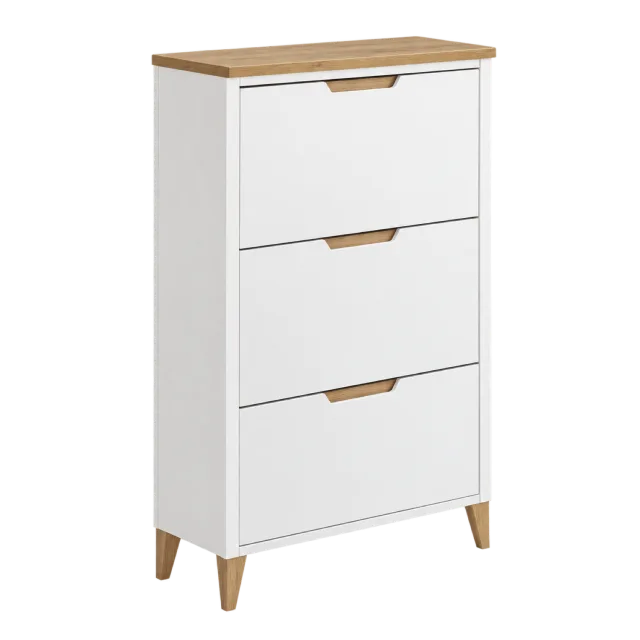 A narrow white shoe cabinet with a light wood top, recessed handles and tapered feet