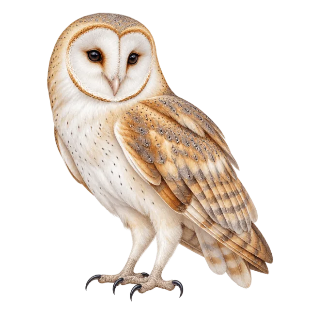 Watercolor-style illustration of barn owl with a pale heart-shaped face
