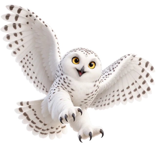 3D-style character illustration of snowy owl with white feathers with dark speckles and spread wings