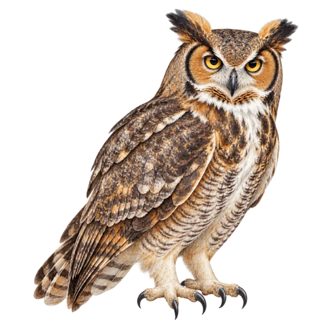Watercolor-style illustration of great horned owl with prominent ear tufts and patterned brown feathers