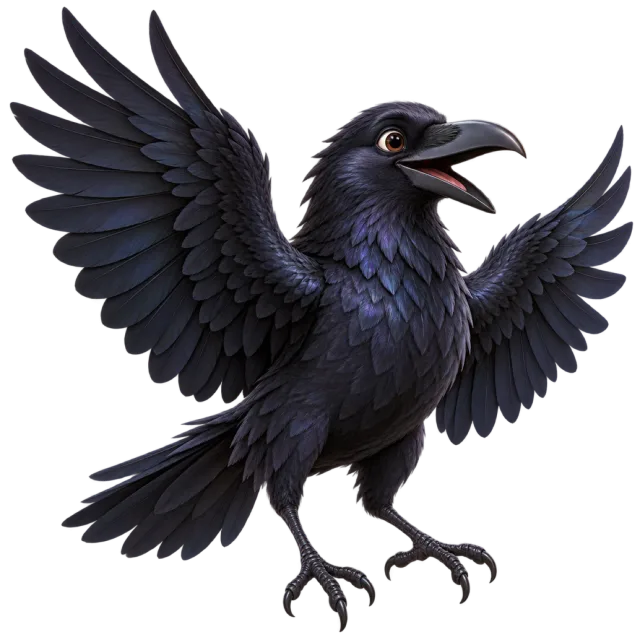 3D-style character illustration of raven with glossy dark feathers and a thick bill and spread wings