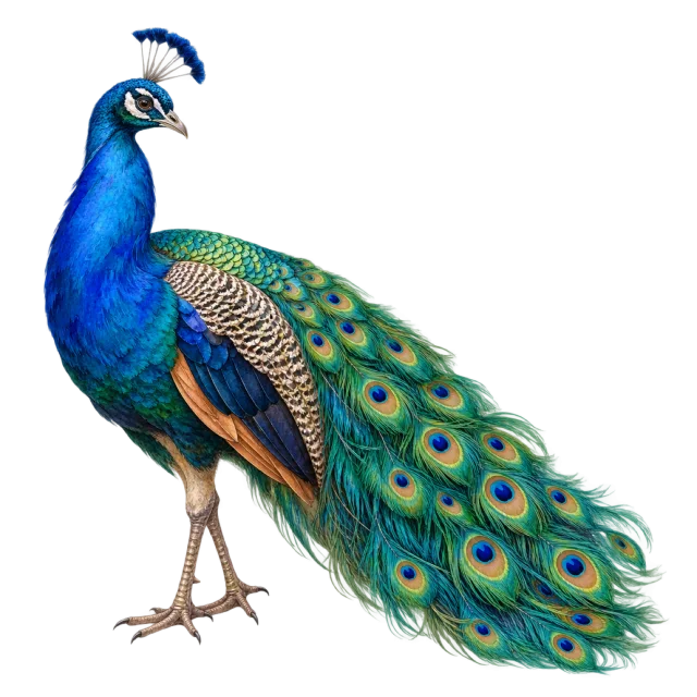 Watercolor-style illustration of peacock with blue neck feathers and patterned green tail feathers