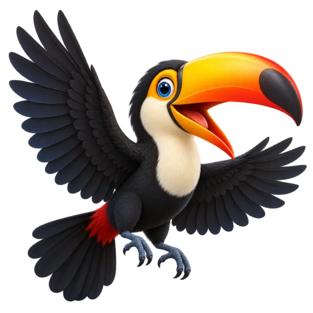 3D-style character illustration of toucan with a large orange-yellow bill and spread wings