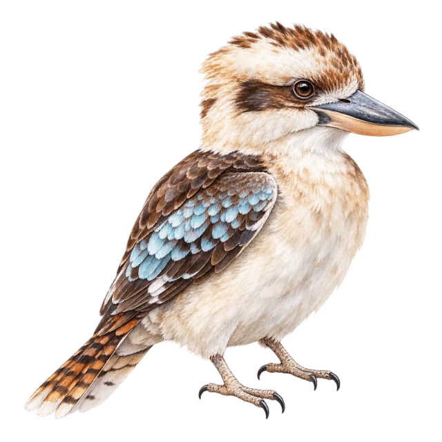 Watercolor-style illustration of kookaburra with brown and cream plumage with a dark eye stripe