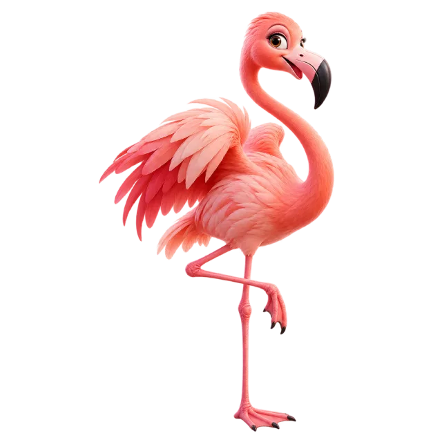 3D-style character illustration of flamingo with pink feathers and long legs and one leg lifted