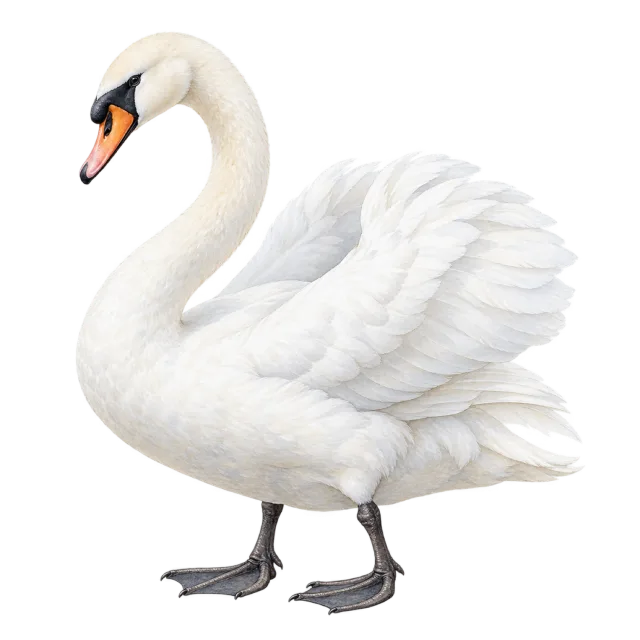 Watercolor-style illustration of mute swan with white plumage and a curved neck