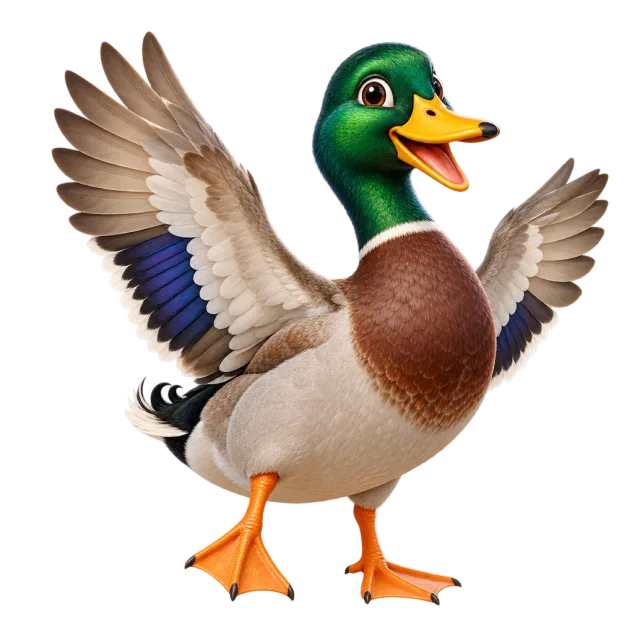 3D-style character illustration of mallard duck with a green head and orange feet and raised wings