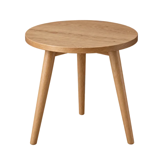 A small round wooden side table with three angled legs