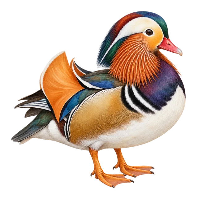 Watercolor-style illustration of mandarin duck with colorful orange and patterned wing feathers