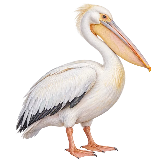 Watercolor-style illustration of white pelican with white plumage and a long pale bill