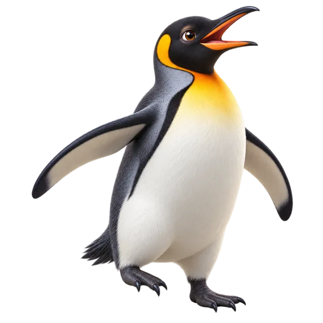3D-style character illustration of king penguin with black and white plumage with yellow neck markings and flippers spread outward