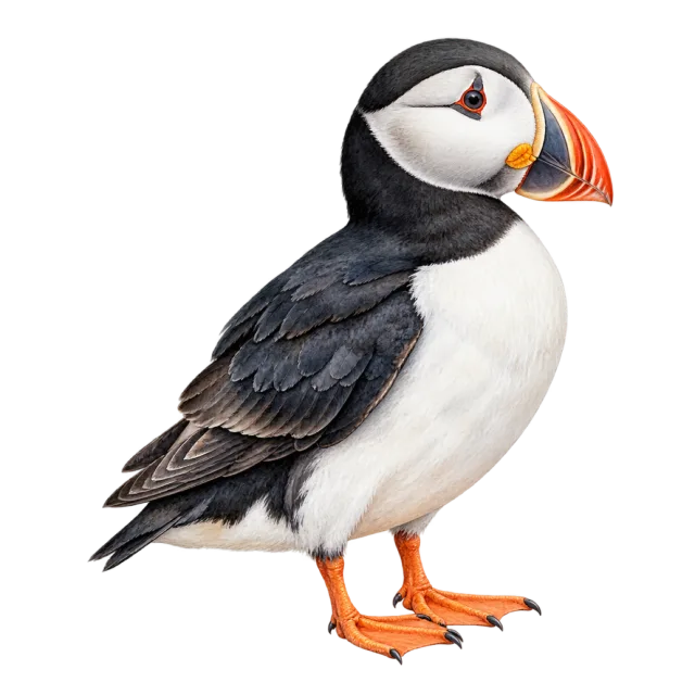 Watercolor-style illustration of puffin with black and white plumage with a colorful bill