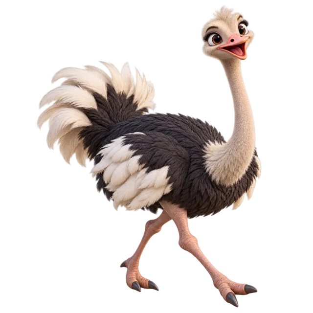 3D-style character illustration of ostrich with long pale legs and black and white feathers