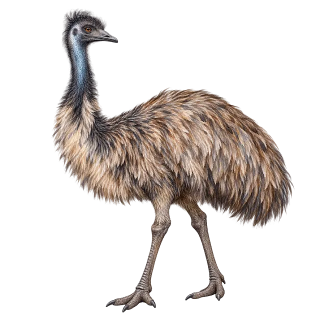 Watercolor-style illustration of emu with shaggy brown plumage and long legs