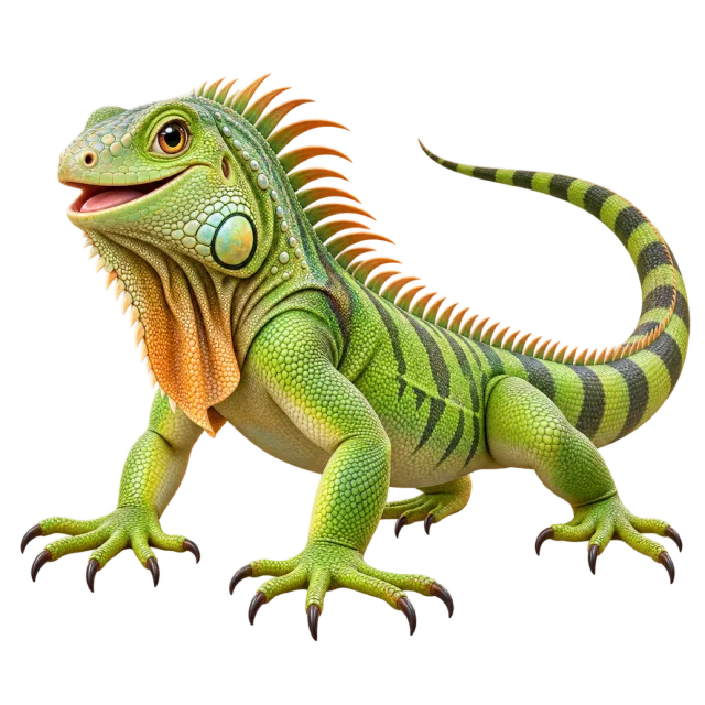 3D-style character illustration of green iguana with green scales and a row of back spines