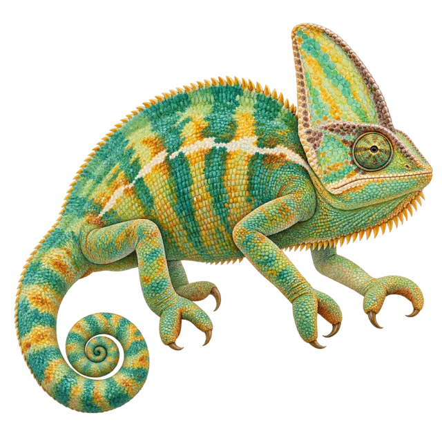 Watercolor-style illustration of veiled chameleon with green patterned skin and a curled tail