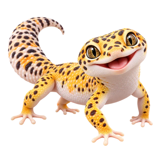 3D-style character illustration of leopard gecko with yellow skin with dark spots